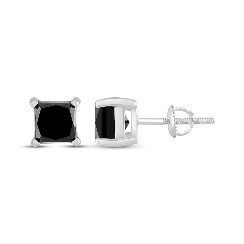 Main Image 3 of Princess-Cut Black Diamond Solitaire Stud Earrings 2 ct tw 14K White Gold (I3)