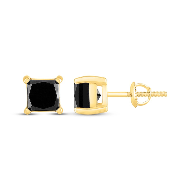 Main Image 3 of Princess-Cut Black Diamond Solitaire Stud Earrings 2 ct tw 14K Yellow Gold (I3)