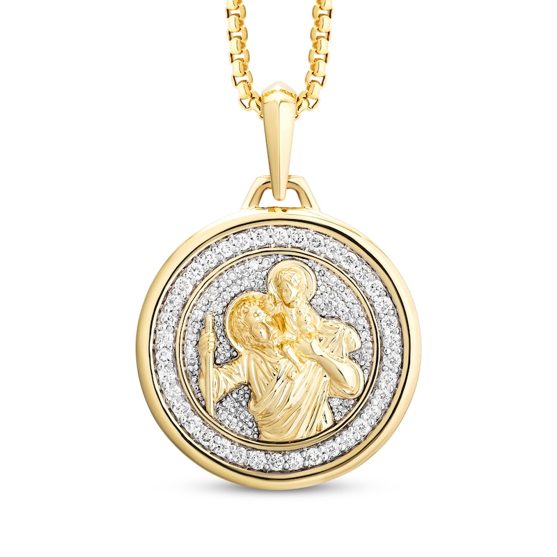 Main Image 1 of Men's White & Black Diamond Saint Christopher Medal Necklace 1/2 ct tw 10K Yellow Gold 22"