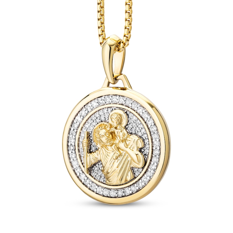 Main Image 2 of Men's White & Black Diamond Saint Christopher Medal Necklace 1/2 ct tw 10K Yellow Gold 22"