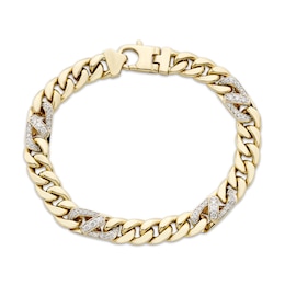 Men's Diamond Station Cuban Curb Chain Bracelet 1 ct tw 10K Yellow Gold 8.5"