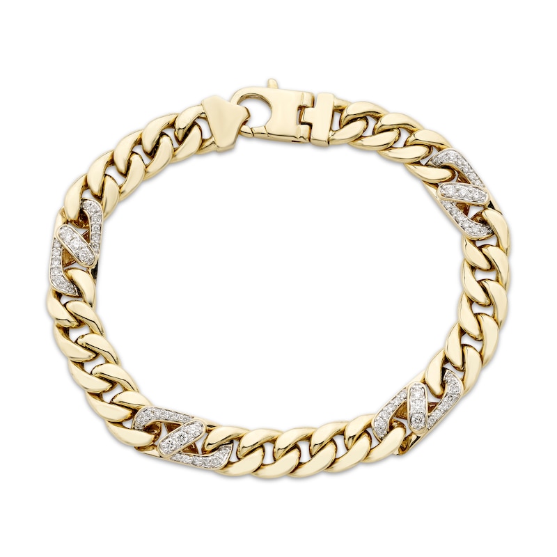 Main Image 1 of Men's Diamond Station Cuban Curb Chain Bracelet 1 ct tw 10K Yellow Gold 8.5"