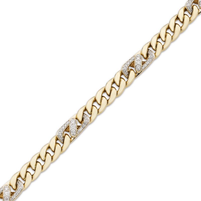 Main Image 2 of Men's Diamond Station Cuban Curb Chain Bracelet 1 ct tw 10K Yellow Gold 8.5"