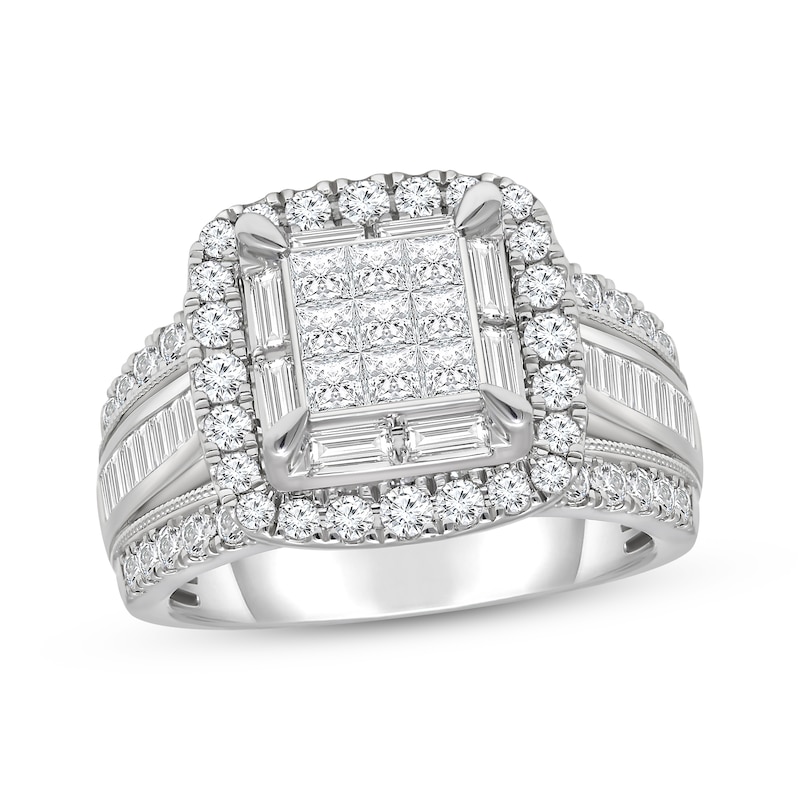 Main Image 1 of Adore Princess-Cut Multi-Diamond Center Halo Engagement Ring 2 ct tw 14K White Gold