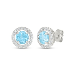 Swiss Blue Topaz & White Lab-Created Sapphire Halo Stud Earrings Sterling Silver