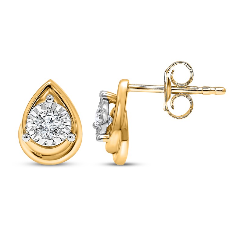 Main Image 1 of Radiant Reflections Round-Cut Diamond Solitaire Pear Frame Stud Earrings 1/4 ct tw 10K Yellow Gold (J/I3)