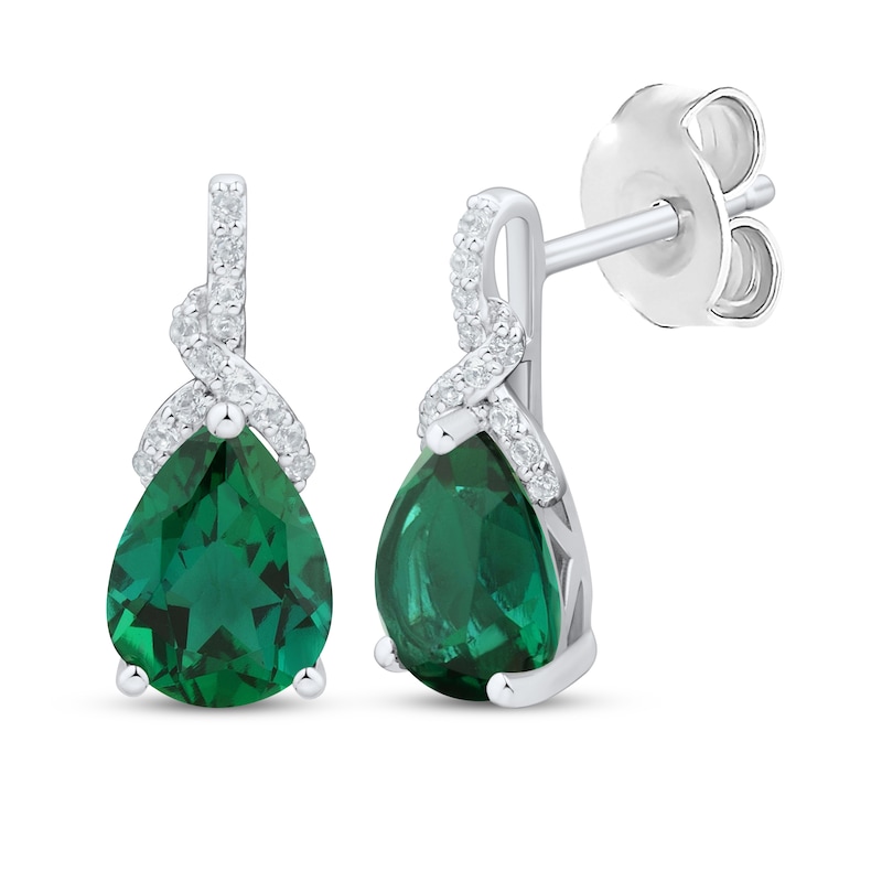 Main Image 1 of Pear-Shaped Lab-Created Emerald & White Lab-Created Sapphire Drop Earrings Sterling Silver