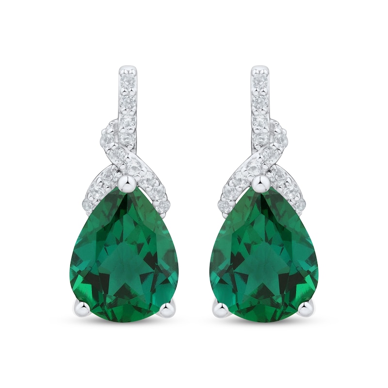 Main Image 2 of Pear-Shaped Lab-Created Emerald & White Lab-Created Sapphire Drop Earrings Sterling Silver