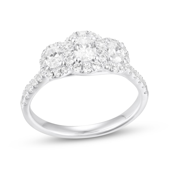 Adore Oval-Cut Diamond Three-Stone Halo Engagement Ring 1 ct tw 18K White Gold