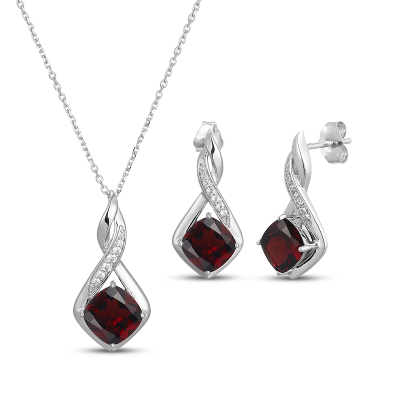 Main Image 1 of Cushion-Cut Garnet & White Lab-Created Sapphire Necklace & Earrings Gift Set Sterling Silver