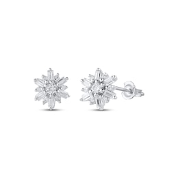 Baguette & Round-Cut Diamond Flower Stud Earrings 1/6 ct tw 10K White Gold