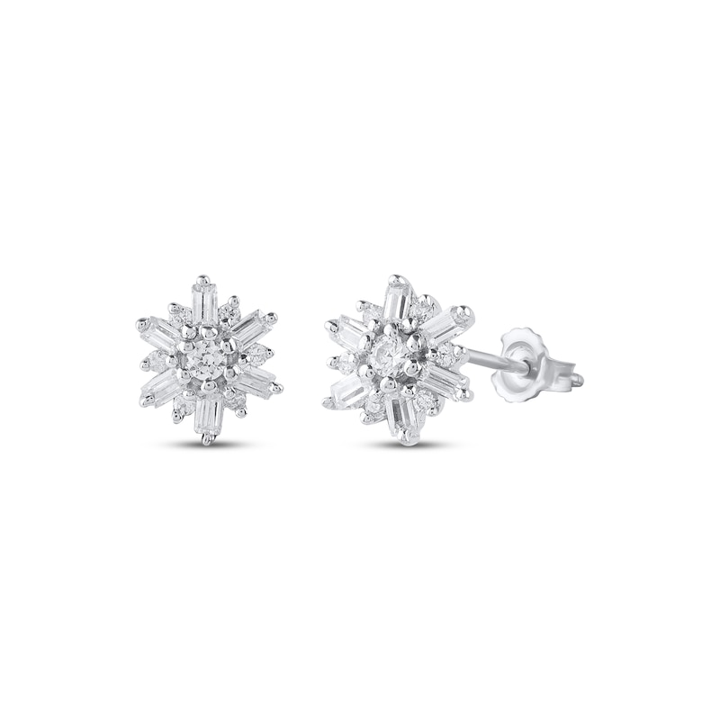 Main Image 1 of Baguette & Round-Cut Diamond Flower Stud Earrings 1/6 ct tw 10K White Gold