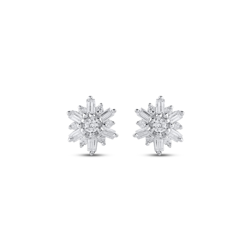 Main Image 2 of Baguette & Round-Cut Diamond Flower Stud Earrings 1/6 ct tw 10K White Gold