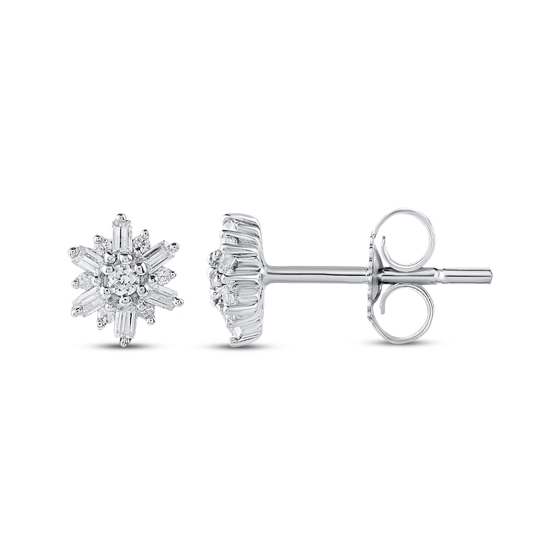 Main Image 3 of Baguette & Round-Cut Diamond Flower Stud Earrings 1/6 ct tw 10K White Gold