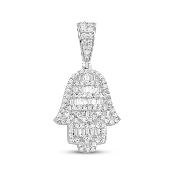 Round & Baguette-Cut Diamond Hamsa Necklace Charm 1-1/2 ct tw Sterling Silver