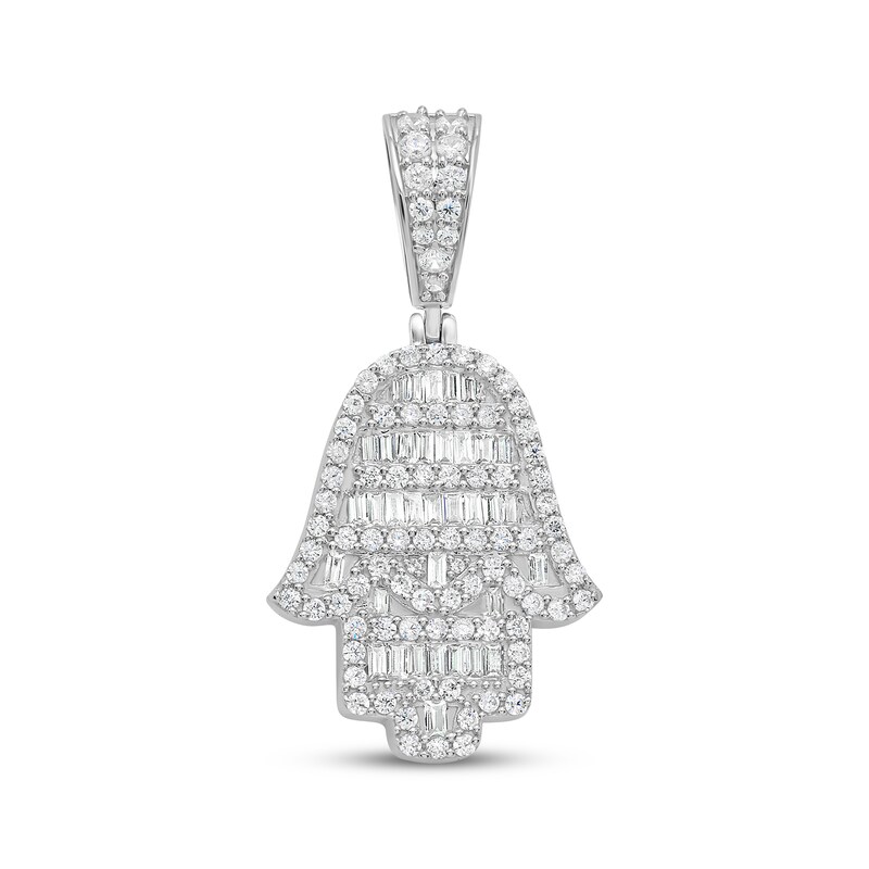 Main Image 1 of Round & Baguette-Cut Diamond Hamsa Necklace Charm 1-1/2 ct tw Sterling Silver