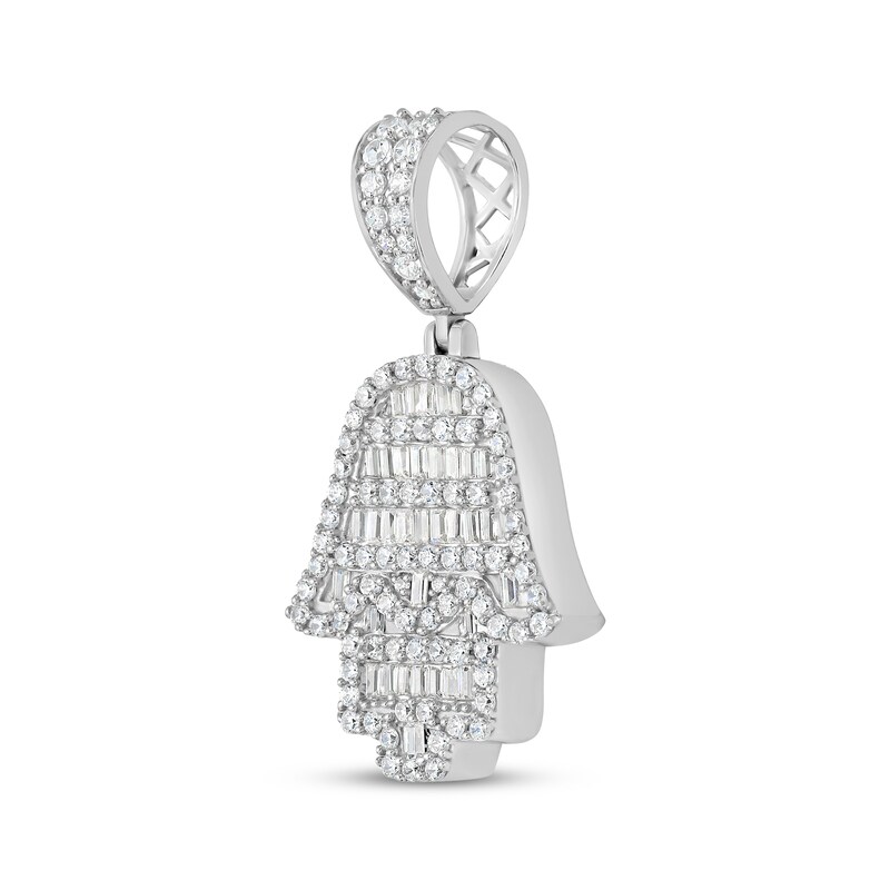 Main Image 2 of Round & Baguette-Cut Diamond Hamsa Necklace Charm 1-1/2 ct tw Sterling Silver