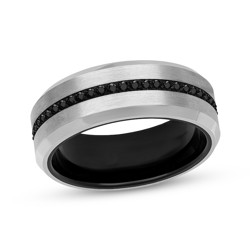 Main Image 1 of Men's Black Sapphire Brushed Wedding Band Tungsten Carbide & Black Ion Plating 8mm