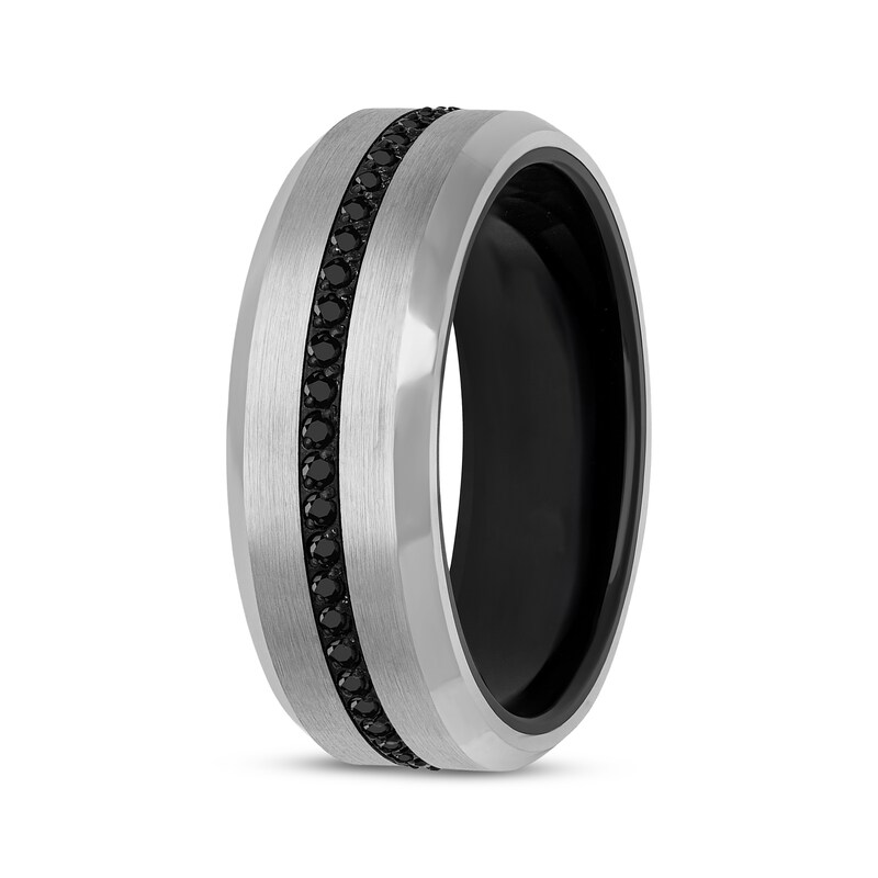 Main Image 2 of Men's Black Sapphire Brushed Wedding Band Tungsten Carbide & Black Ion Plating 8mm