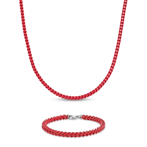 Men's Franco Chain Necklace & Bracelet Gift Set Solid Stainless Steel & Red Enamel