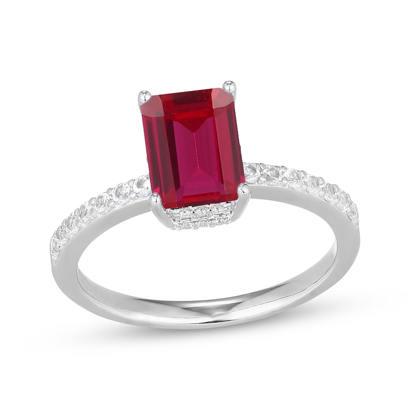 Main Image 1 of Emerald-Cut Lab-Created Ruby & White Lab-Created Sapphire Hidden Halo Ring Sterling Silver