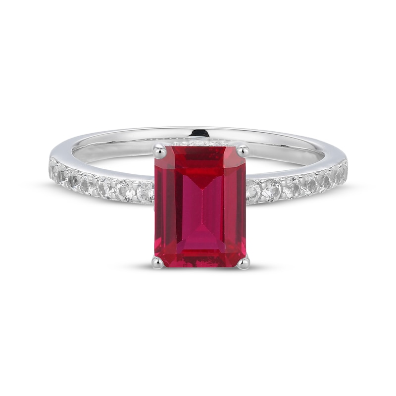 Main Image 3 of Emerald-Cut Lab-Created Ruby & White Lab-Created Sapphire Hidden Halo Ring Sterling Silver
