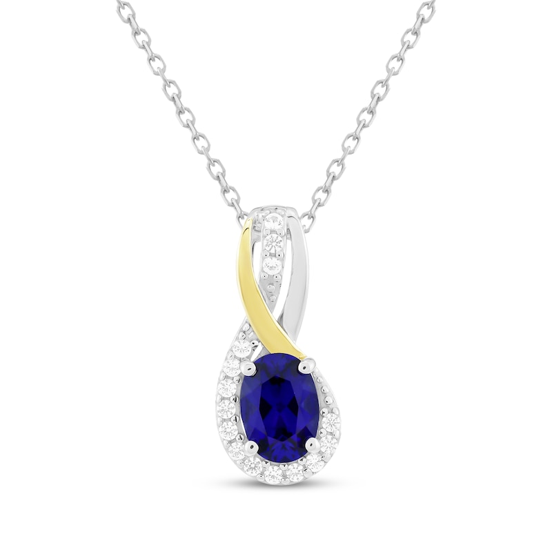 Main Image 1 of Oval-Cut Blue Lab-Created Sapphire & White Lab-Created Sapphire Necklace Sterling Silver & 10K Yellow Gold 18"