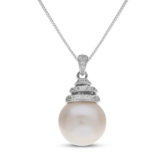 Cultured Pearl & White Lab-Created Sapphire Necklace Sterling Silver 18"