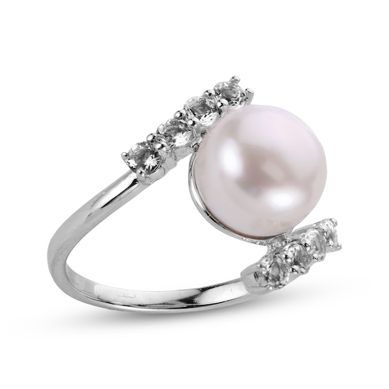 Button Cultured Pearl & White Topaz Bypass Ring Sterling Silver