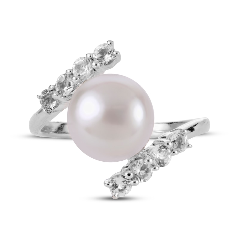 Main Image 4 of Button Cultured Pearl & White Topaz Bypass Ring Sterling Silver