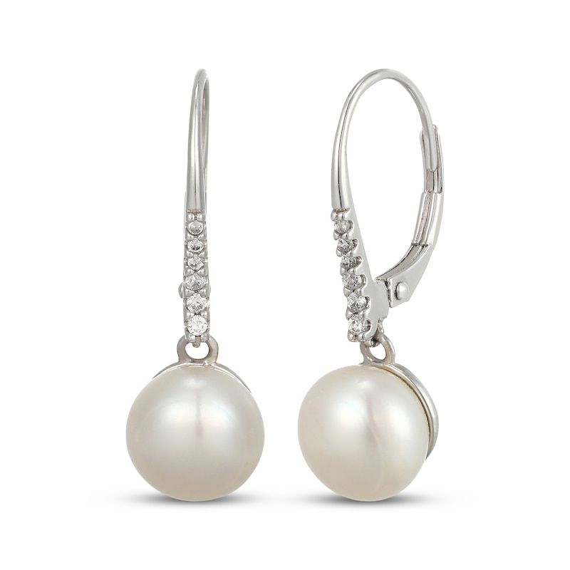 Main Image 1 of Cultured Pearl & White Lab-Created Sapphire Drop Earrings Sterling Silver