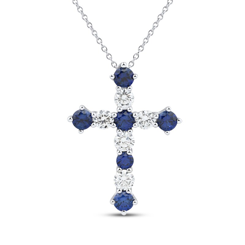 Main Image 1 of KAY Lab-Grown Diamonds Blue Lab-Created Sapphire Cross Necklace 3/4 ct tw 10K White Gold 18"