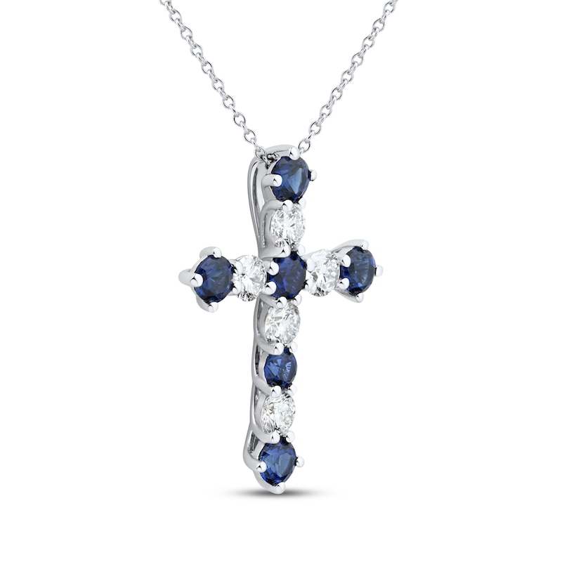 Main Image 2 of KAY Lab-Grown Diamonds Blue Lab-Created Sapphire Cross Necklace 3/4 ct tw 10K White Gold 18"