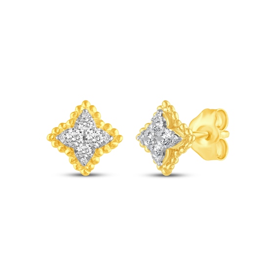 Multi-Diamond Beaded Frame Clover Stud Earrings 14K Yellow Gold