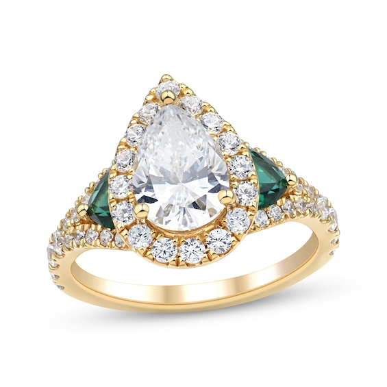 Adore Lab-Grown Diamonds Pear-Shaped Halo Engagement Ring with Lab-Created Emeralds 2-1/3 ct tw 14K Yellow Gold