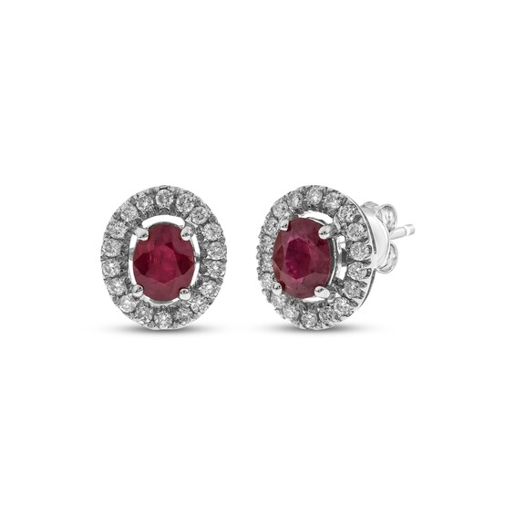 Oval-Cut Ruby & Diamond Halo Stud Earrings 1/6 ct tw 10K White Gold