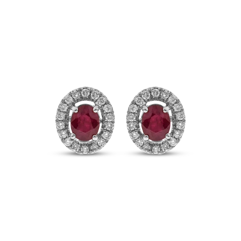 Main Image 2 of Oval-Cut Ruby & Diamond Halo Stud Earrings 1/6 ct tw 10K White Gold