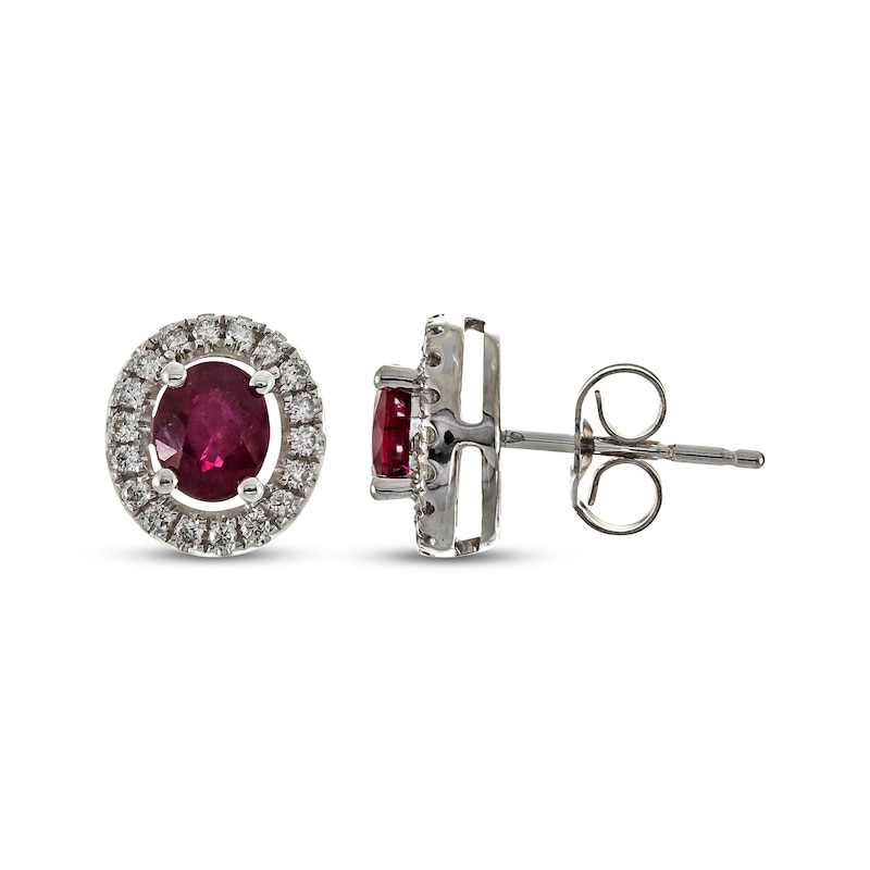 Main Image 3 of Oval-Cut Ruby & Diamond Halo Stud Earrings 1/6 ct tw 10K White Gold