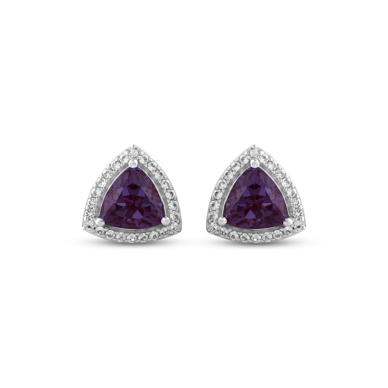 Main Image 2 of Trillion-Cut Lab-Created Alexandrite & White Lab-Created Sapphire Halo Stud Earrings Sterling Silver