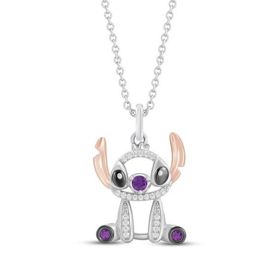 Disney Treasures Lilo & Stitch Amethyst & Diamond Necklace 1/20 ct tw Sterling Silver & 10K Rose Gold 19"