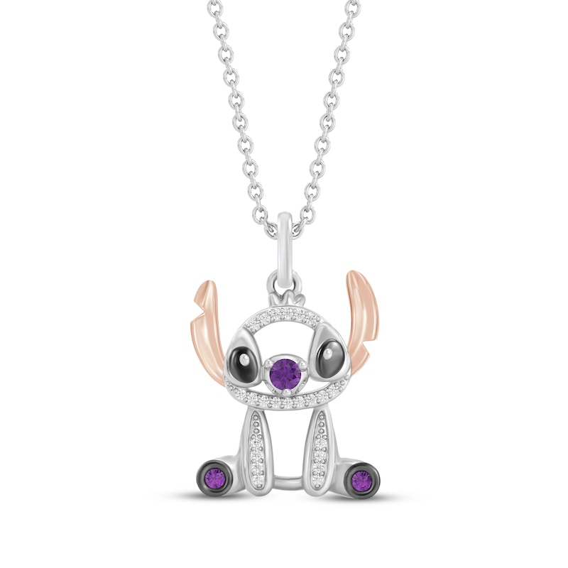 Main Image 1 of Disney Treasures Lilo & Stitch Amethyst & Diamond Necklace 1/20 ct tw Sterling Silver & 10K Rose Gold 19"