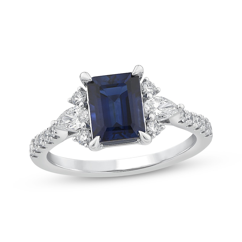 Main Image 1 of KAY Lab-Grown Diamonds Emerald-Cut Blue Lab-Created Sapphire Ring 1/2 ct tw 14K White Gold