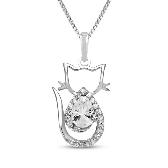 Pear-Shaped White Lab-Created Sapphire Cat Necklace Sterling Silver 18"