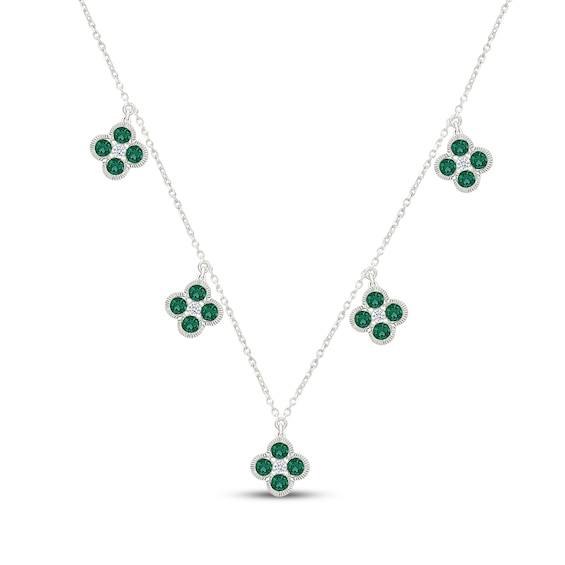 Lab-Created Emerald Quad & White Lab-Created Sapphire Station Dangle Necklace Sterling Silver 18"