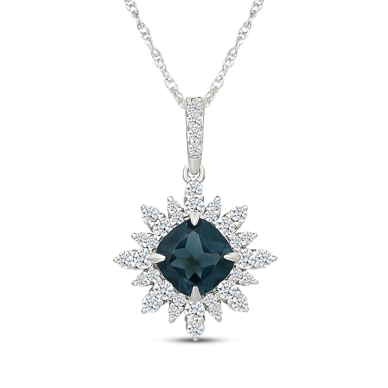 Main Image 1 of Cushion-Cut London Blue Topaz & White Lab-Created Sapphire Starburst Halo Necklace Sterling Silver 18"