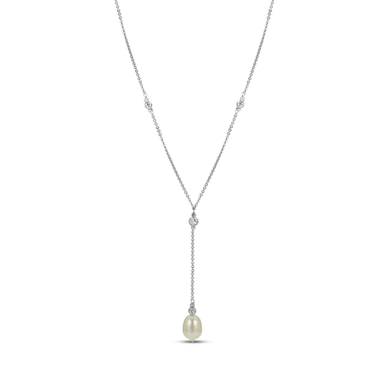 Oval Cultured Pearl & Diamond-Cut Bead Station Y Necklace Sterling Silver 18"