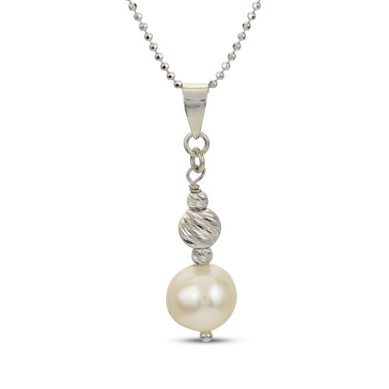 Cultured Pearl Drop & Diamond-Cut Bead Necklace Sterling Silver 18"