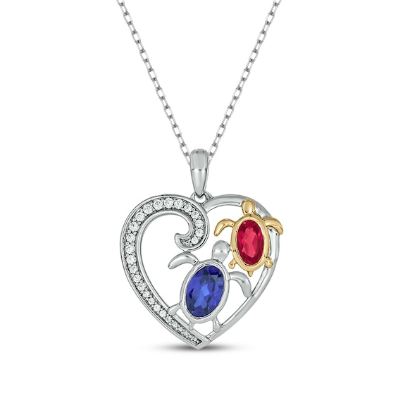 Patriotic Oval-Cut Blue Lab-Created Sapphire and Lab-Created Ruby & Diamond Turtles in Heart Necklace 1/10 ct tw Sterling Silver with 24K Yellow Gold 