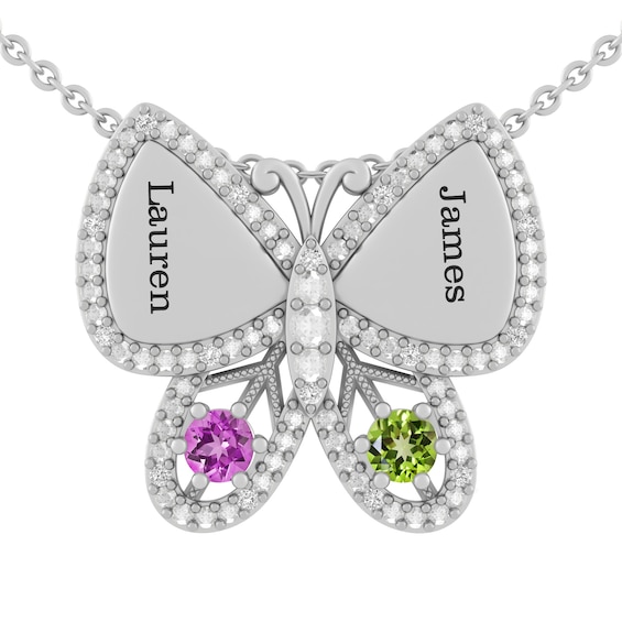 1/20 ct tw Diamond Birthstone Couple's Butterfly Necklace (2 Stones and Lines)