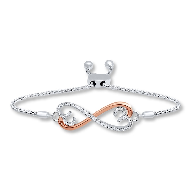 Main Image 1 of Heart Bolo Bracelet 1/6 cttw Diamonds Sterling Silver & 10K Rose Gold 9.5"